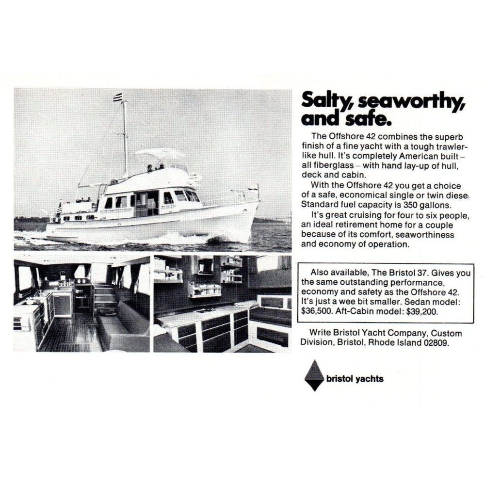 1971 Bristol Yachts offshore 42 Trawler Yacht Vintage Print Ad Nautical Wall Art